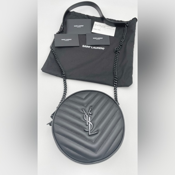 NEW SAINT LAURENT YSL BLACK QUILTED LEATHER CIRCLE ROUND MONOGRAM BAG PURSE - Picture 4 of 12